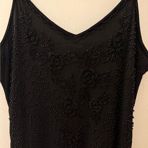 90s Black Beaded Floral V-Neck Dress